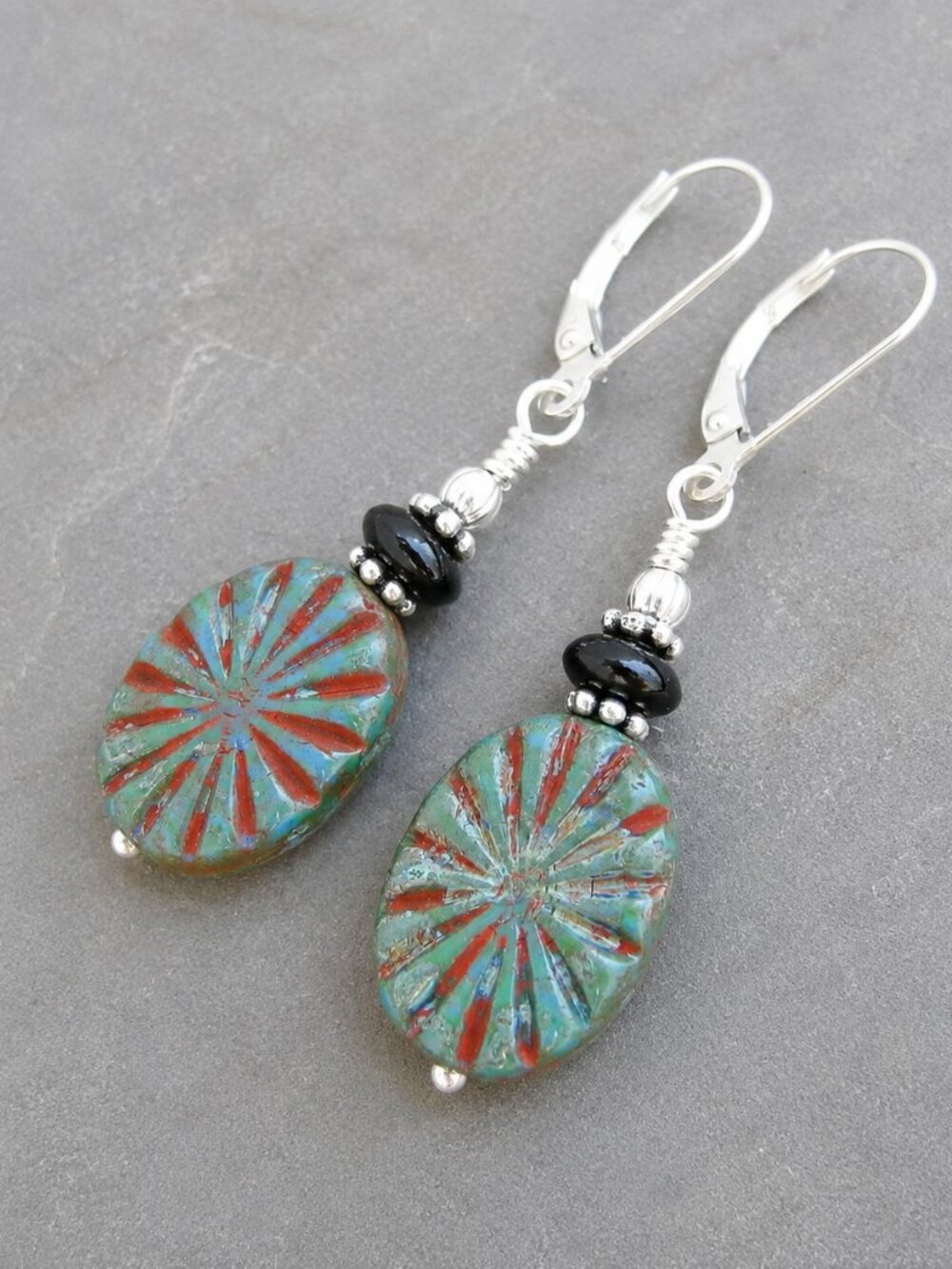 Western Earrings, Czech Glass Sun Concho With Onyx, Sterling Silver, Leverback - Picture 6 of 10